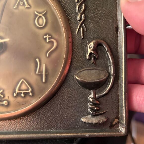 Vintage 1960s KLEIN Desk Clock Pharmacy RX Alchemy Symbols Brass w Dome Glass - Picture 6 of 10